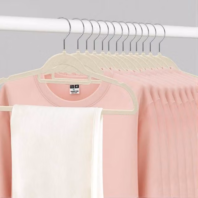 KORVIXA 30 Pack Non Slip Velvet Flocked Clothes Hangers in Beige with Swivel Hook for Space Saving