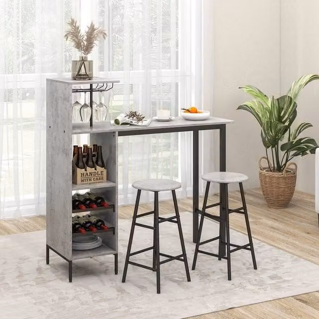 EONLION 3-Piece Grey Bar Table and 2 Stool Dining Set with Rustic MDF Laminate Finish, Width: 100 cm