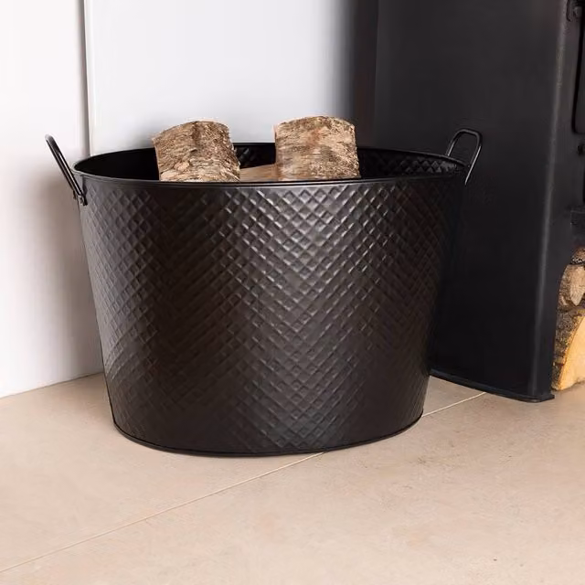 Charles Bentley Willow Fireside Log Bucket in Black Matte Finish with Solid Metal Handles, W/D/H: 53 x 40 x 40 cm – 1