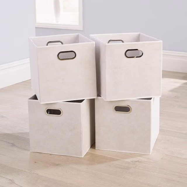 Home Source Pack of 4 Large Cube Canvas Fabric Storage Insert Boxes in White