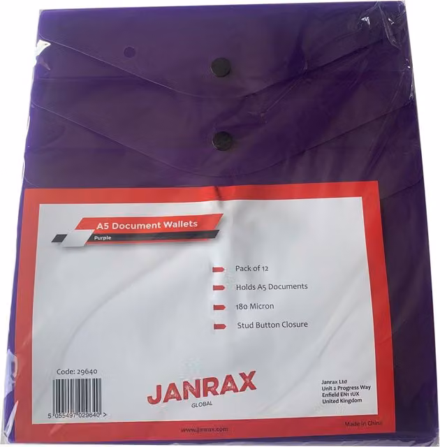 Janrax Pack of 12 A5 Plastic Snap Document Wallets in Yellow and Purple