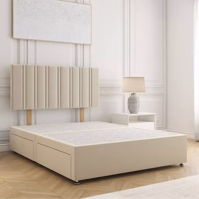 BSSPOKE Sienna Plush Small Double Divan Bed with 24 inch Headboard and 2 Drawers in Beige Velvet Fabric, W/D/H: 120 x 200 cm