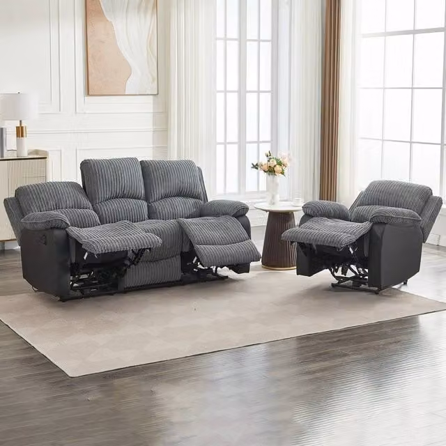 FURNITURE ONE Modern Electric Reclining Sofa Set in Grey Corduroy Fabric, featuring a 2-Seater Sofa and Armchair with Adjustable Headrests