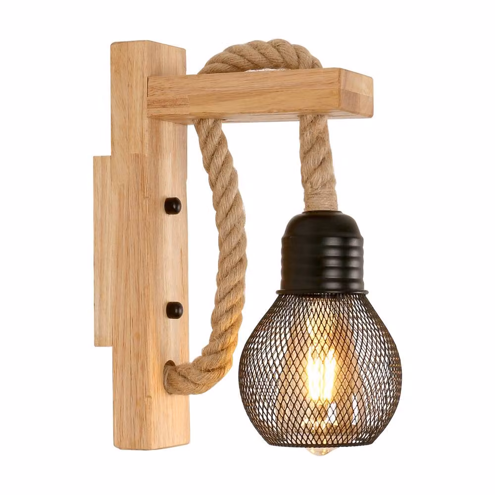 Pheashine Industrial Wall Lamp with Hemp Rope and Wood Decoration in Brown – 2