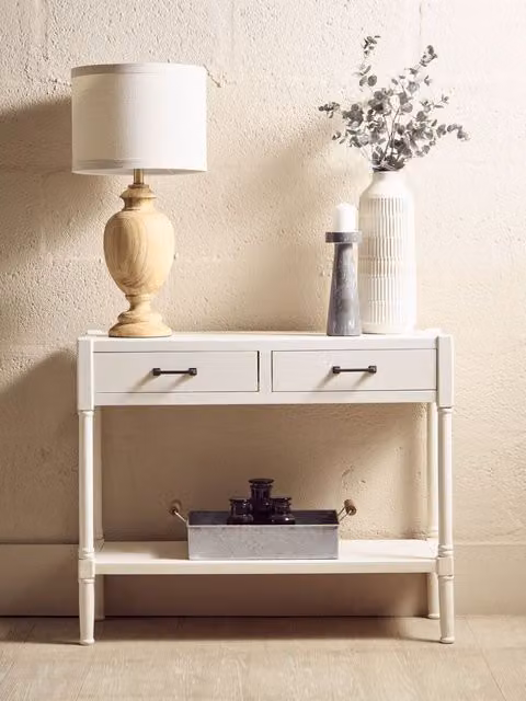 Orsina Two Drawer Pine Wood Console Table in White, W/D/H: 91 x 35 x 75 cm
