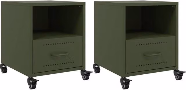 Berkfield Home Set of 2 Metal Bedside Cabinets in Olive Green, W/D/H: 36 x 39 x 43.5 cm
