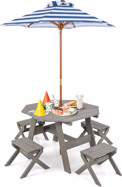 Costway Octagon Kids Picnic Table and Stool Set in Grey Lacquered Wood