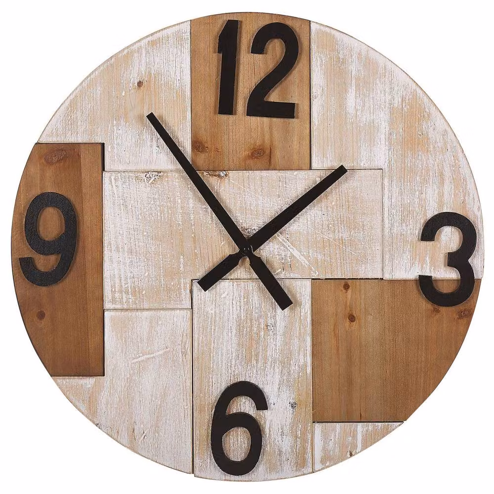 Wyld and Coco Rustic Handmade Round Wood Wall Clock in Brown and Black, Diameter: 60 cm – 2