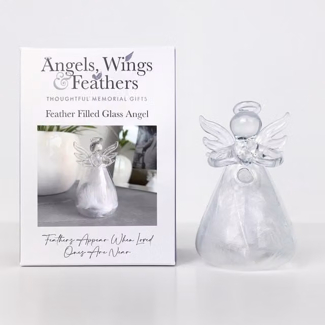 Transparent Glass Angel Memorial Ornament with White Feathers for Condolence and Tabletop Display