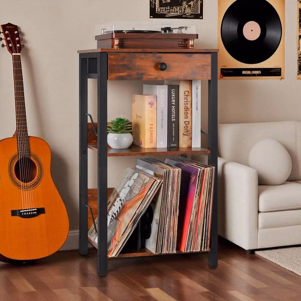 FORGEVIO 3-Tier Vinyl Record Player Stand in Black and Brown, W/D/H: 40 x 30 x 75 cm – 5