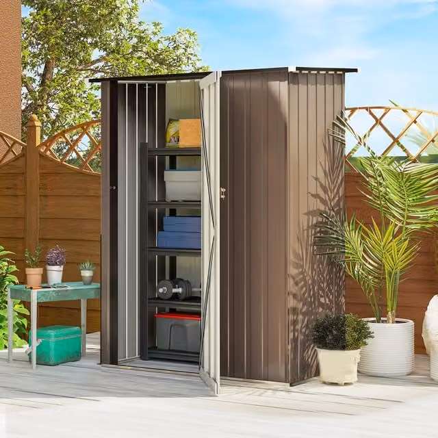 Outsunny Brown Metal Pent Outdoor Storage Shed and Tall Cabinet