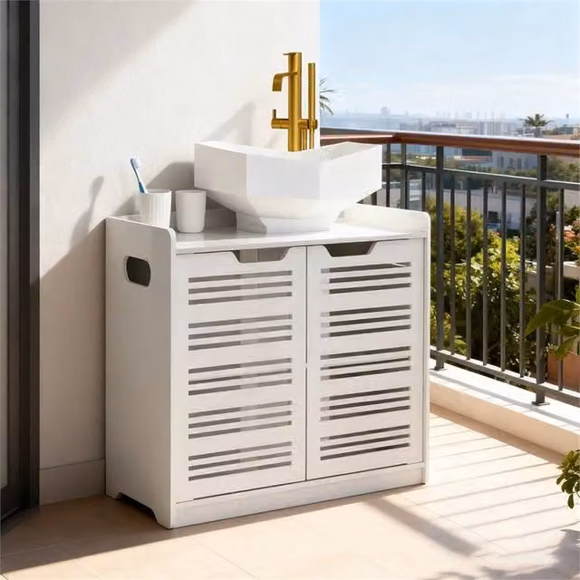 Nordara White Glossy Modern Freestanding Bathroom Cabinet with Hinged Doors and Internal Shelves, W: 60 cm, H: 60 cm – 1