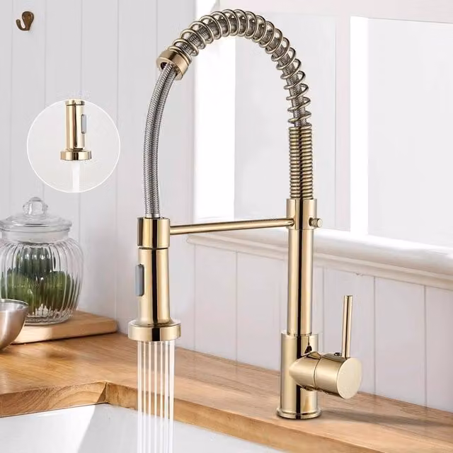 EONLION Modern Gold Kitchen Mixer Tap with Single Lever and Pull Out Spray Function