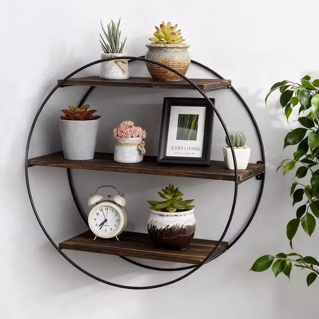 FORGEVIO Industrial Wall Mounted Circular Floating Shelves in Black with Pine Wood and Integrated Lighting