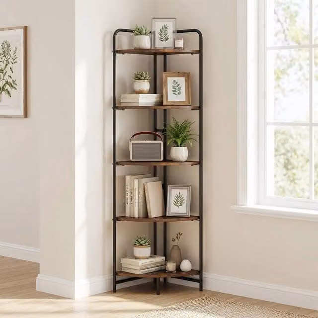 Gymax 5 Tier Brown Metal Open Corner Display Shelf and Folding Rack