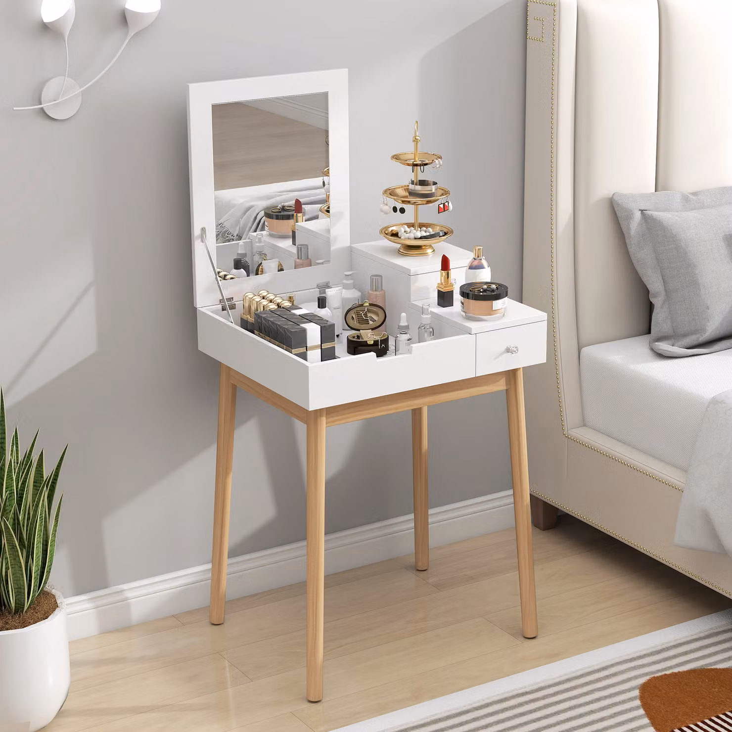 HOMCOM Modern White MDF Dressing Table with Flip-up Tri-fold Mirror and 2 Drawers – 2