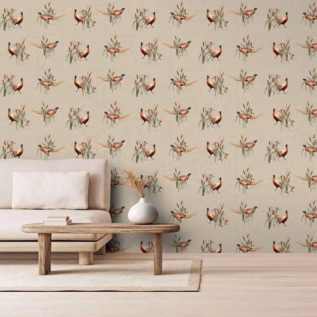 Arthouse Pheasant Meadow Watercolour Effect Wallpaper in Beige