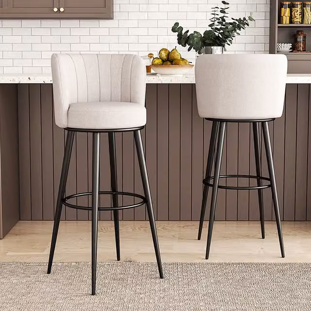 Livingandhome Set of 2 Modern Striped Linen Upholstered Bar Stools in White with Metal Legs
