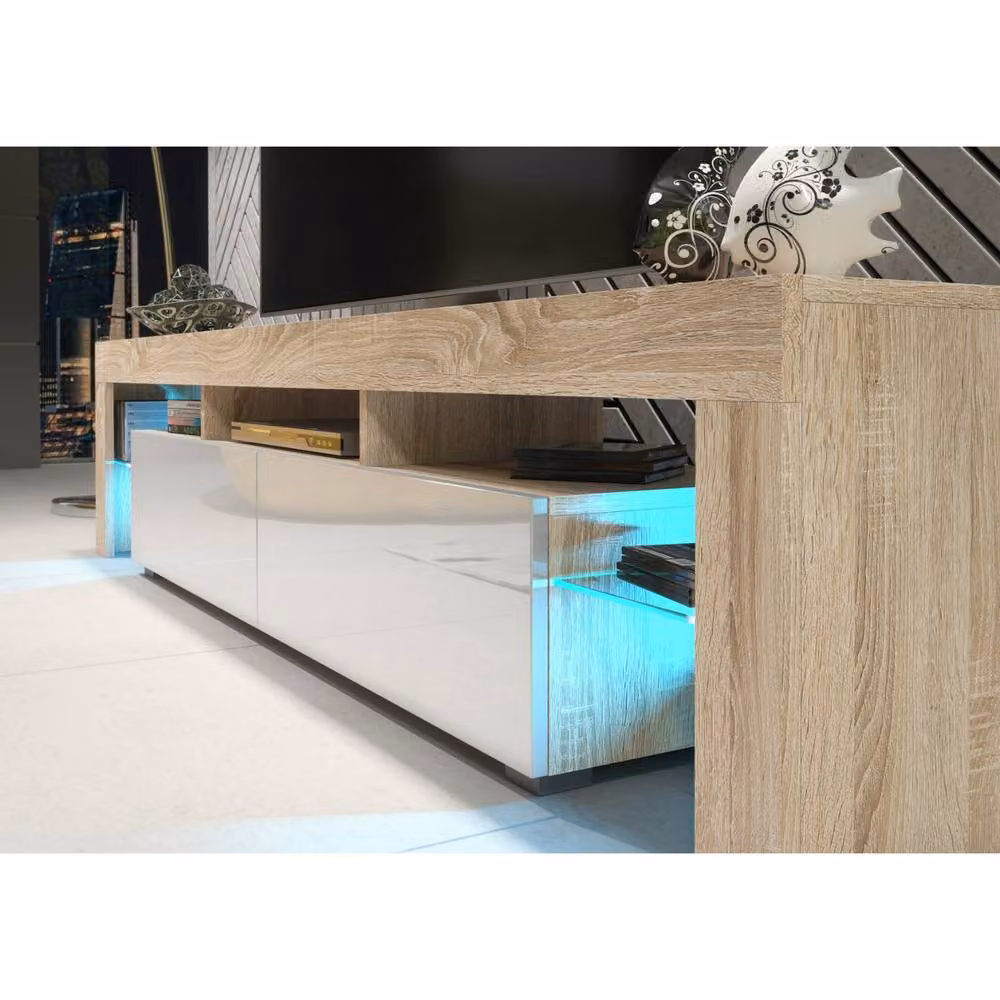 Mex Furniture LTD Nova TV Unit in Oak and White Gloss with LED Lights, W: 200 cm, D: 45 cm, H: 35 cm – 3