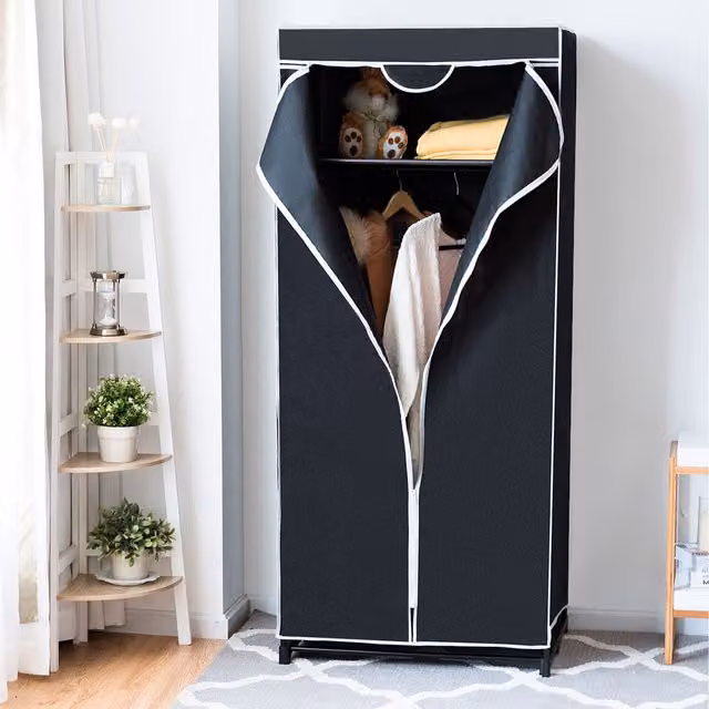 COSTWAY Freestanding Fabric Closet Cloth Organizer with Hanging Rod in Grey and Black