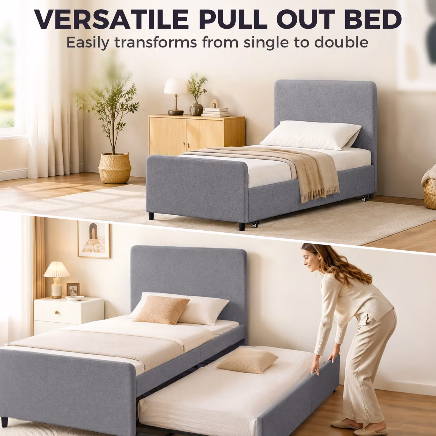 HOMCOM Single Bed Frame with Pull Out Trundle and Headboard, Upholstered Fabric in Dark Grey, W/D/H: 90 x 190 cm – 4