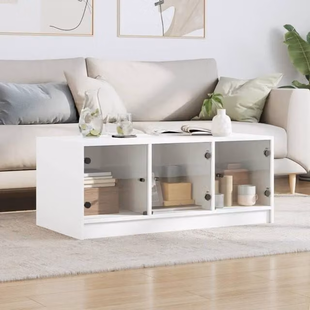 Berkfield Home Modern White Coffee Table with Glass Doors W/D/H: 102 x 50 x 42 cm