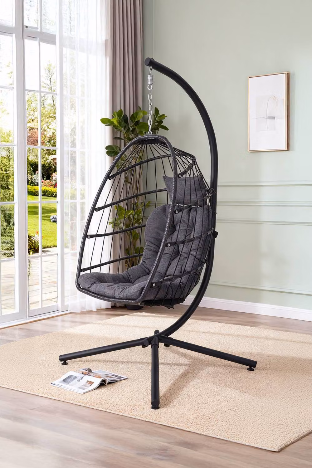 Garden Sanctuary Egg-Shaped Hanging Chair with Soft Cushion and Headrest in Grey – 2