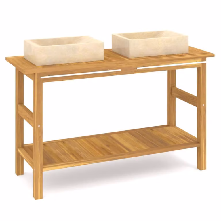 Berkfield Home Freestanding Teak Bathroom Vanity Cabinet with Cream Marble Sinks in Beige