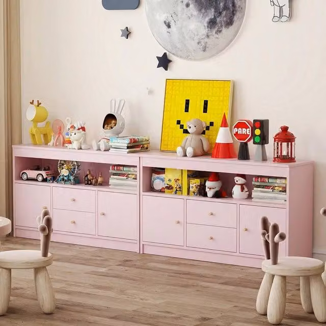 Kelvenix Multifunctional Pink Wood Display Cabinet with Hinged Doors and Internal Drawers