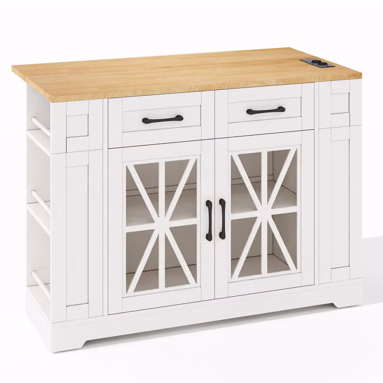 Aosom UK Mobile Kitchen Island with Foldable Tabletop and Sockets, White and Natural Storage Buffet with Adjustable Shelves, W: 65 cm, D: 65 cm, H: 92 cm