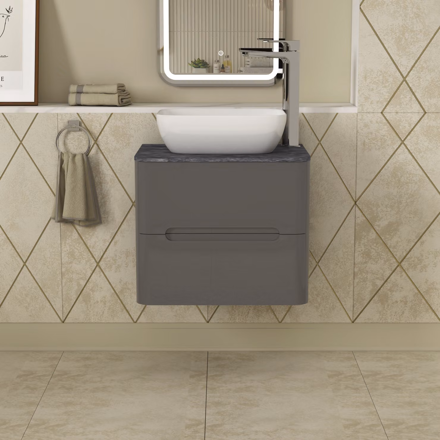 Royal Bathrooms Infinity 600mm Gloss Anthracite Wall Hung Vanity Unit with 2 Drawers and Black Star Worktop