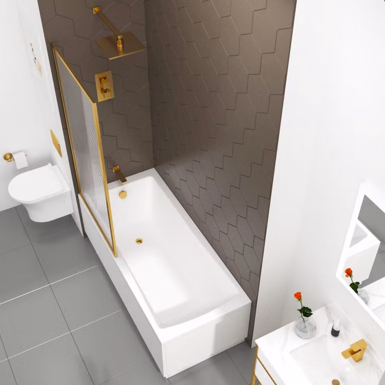 Royal Bathrooms Cesar Square Single Ended Acrylic Shower Bath in White with Brushed Brass Framed Fluted Screen, W: 180 x D: 80 cm