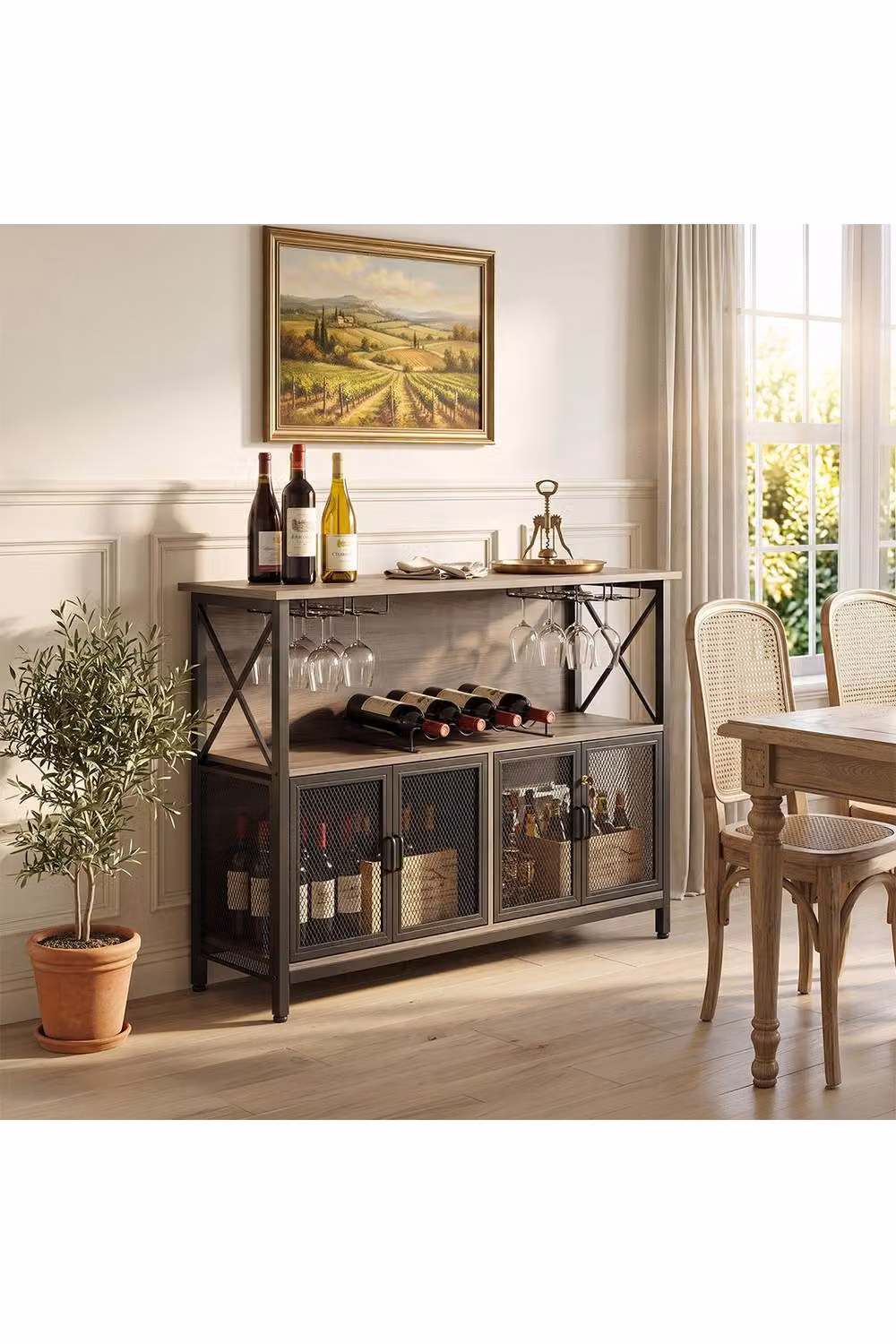 Living and Home Industrial Wine Bar Cabinet with Metal Frame and Glass in Grey – 2