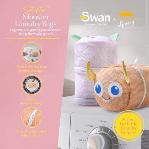 Swan x Lynsey TV Queen of Clean Set of 2 Monster Laundry and Storage Mesh Bags in Pink and Orange – 2