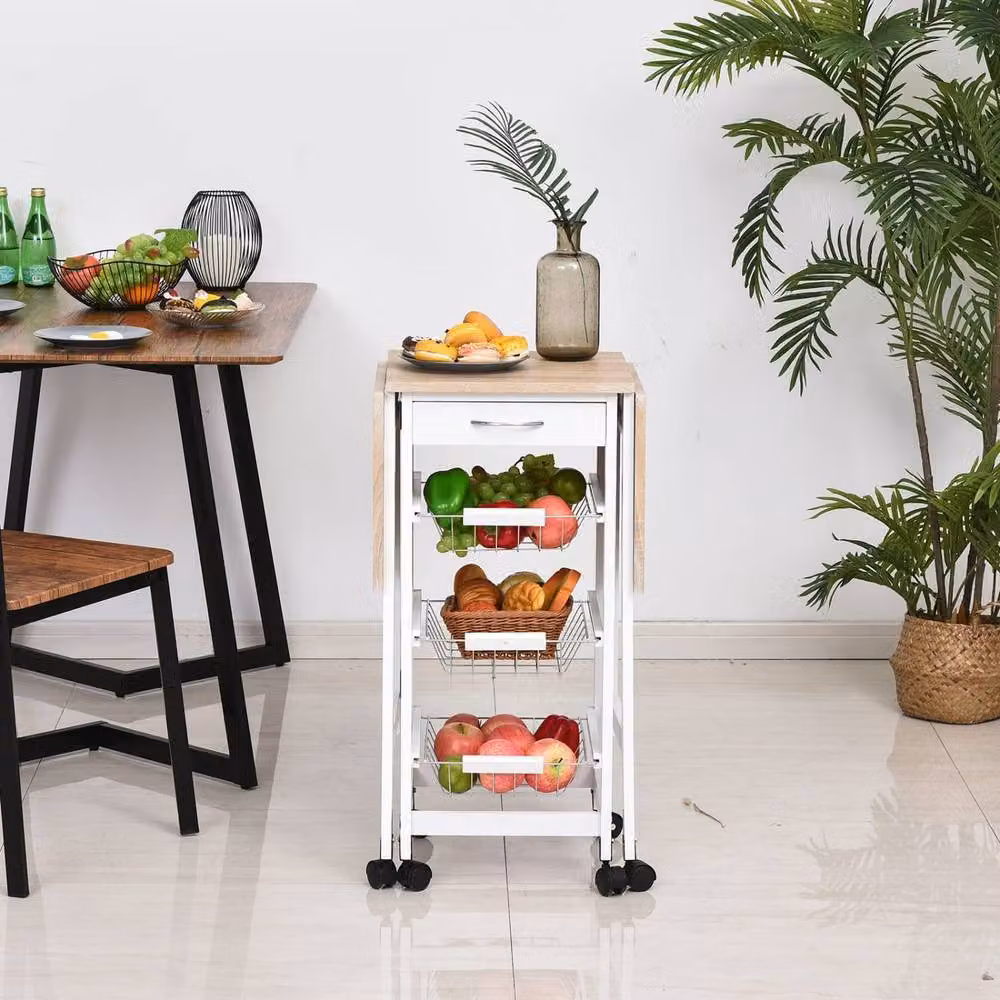 Wyld Haus Ziha Drop Leaf Kitchen Trolley in Oak and White with Baskets and Wheels – 5