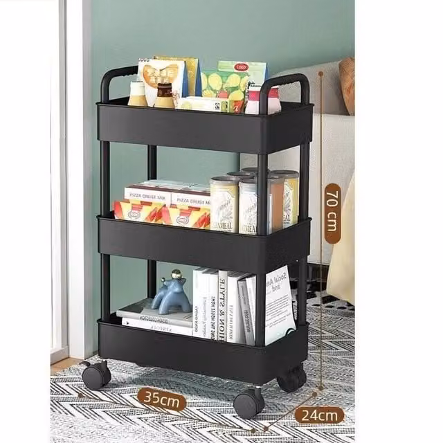 FORGEVIO Black 3 Tier Kitchen Storage Trolley Cart on Wheels