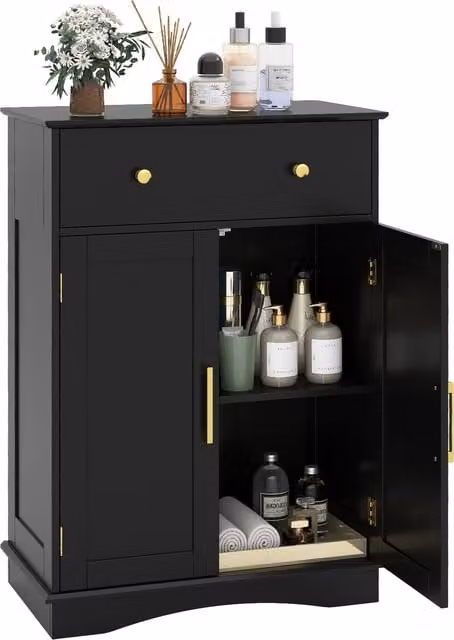 Costway Modern Freestanding Floor Storage Cabinet with Hinged Doors and Internal Shelves in Matt Black and Gold