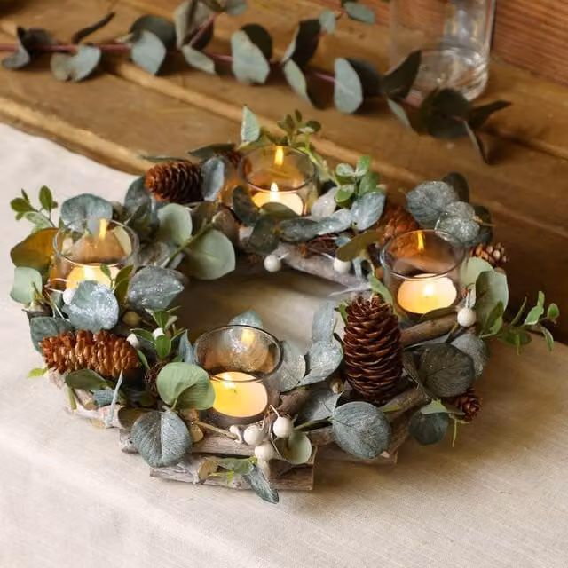Dibor Nature Trail Wreath Tealight Table Centrepiece Christmas Candle Holder in Green, White and Multicolour – 1