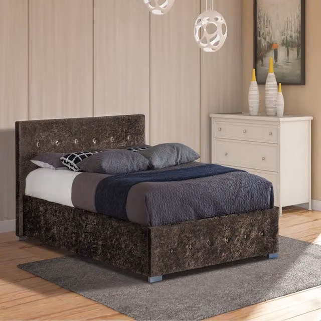 Comfy Living Brown Crushed Velvet Upholstered Ottoman Storage Gaslift Bedframe, W/D/H: 180 x 200 cm