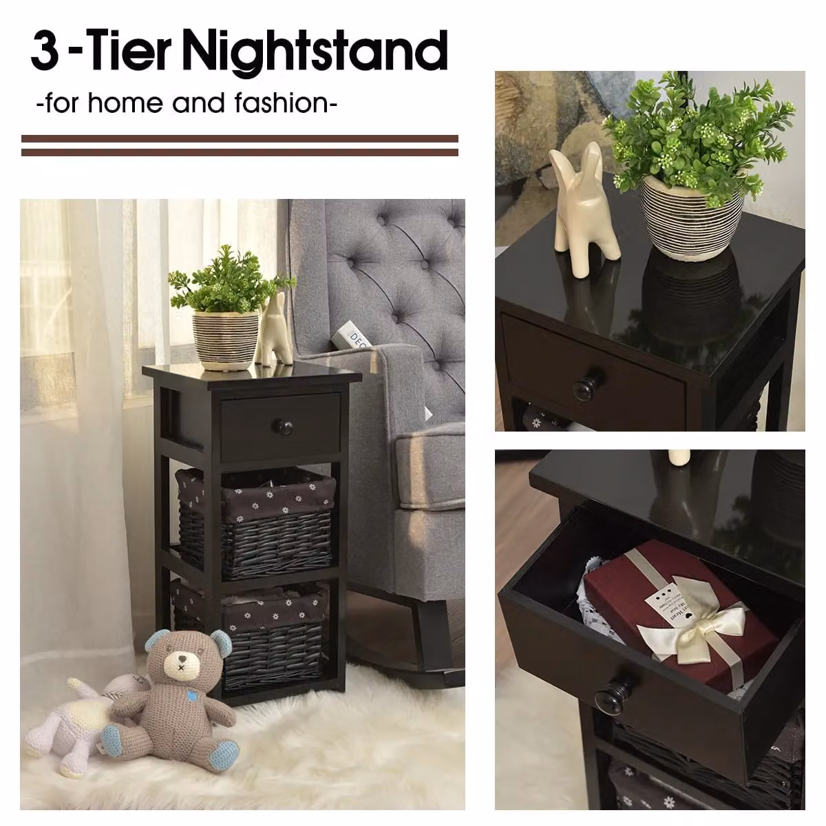 Costway Set of 2 Black 3-Tier Chest of Drawers Nightstands with 2 Rattan Baskets – 6