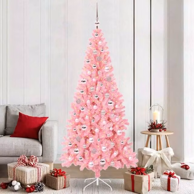 Berkfield Home Pink PVC Christmas Tree with 300 LEDs and Stand, Height: 210 cm