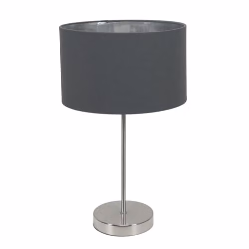 ValueLights Charlie Fabric Drum Table Lamp in Grey and Chrome with Warm White Bulb