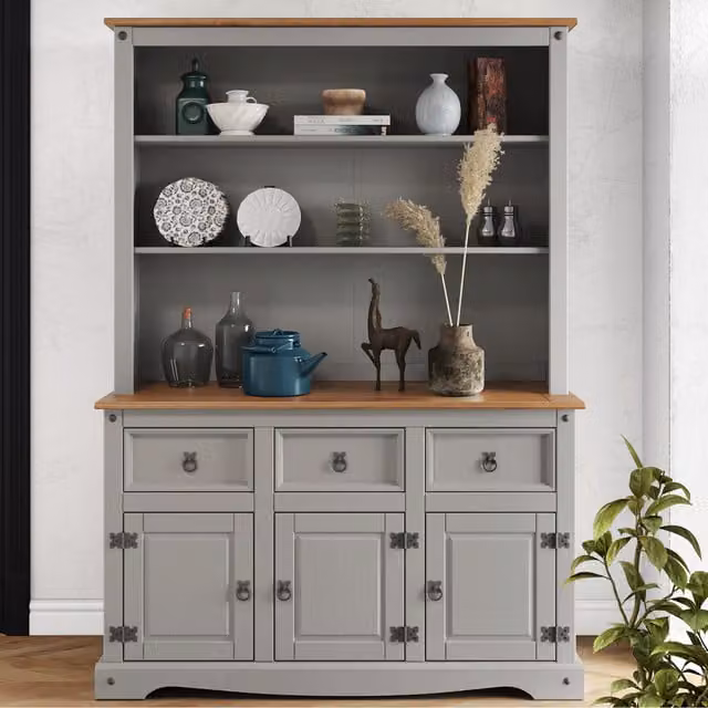 Mercers Furniture Corona 3 Door Solid Wood Pine Sideboard Display in Distressed Grey Wax, W/D/H: 176 x 125 x 40 cm