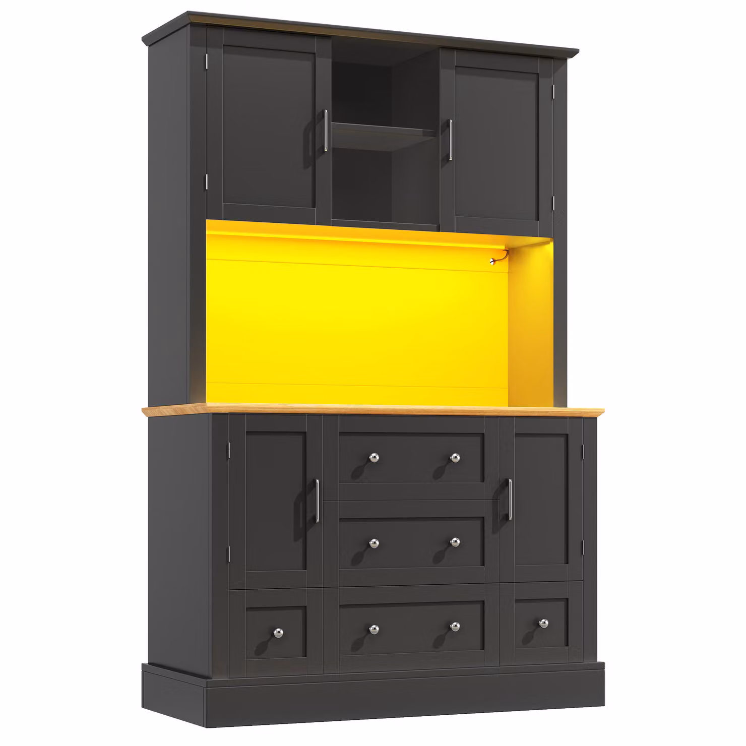 Aosom UK Tall Kitchen Cabinet with Open Middle Shelf, Five Drawers and LED Lighting, Black, W: 40 cm, D: 40 cm, H: 180 cm – 2