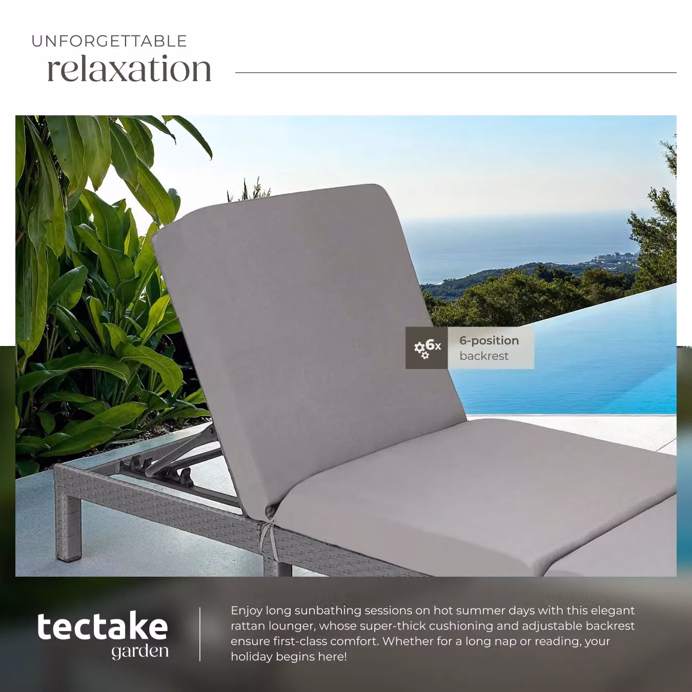 tectake Sofia Rattan Sun Lounger in Grey with Weatherproof Cushion and Adjustable Headrest – 3