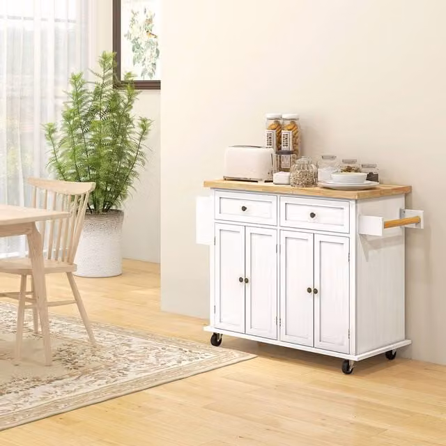 HOMCOM Rolling Kitchen Island Cart with Rubberwood Top in White