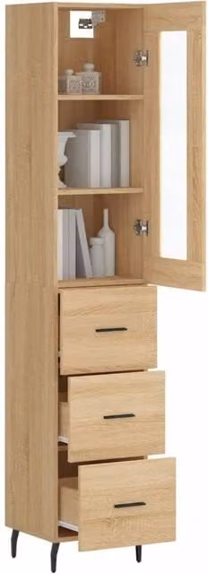 Berkfield Home Sonoma Oak Highboard with Glass Doors in Light Oak, W/D/H: 34.5 x 34 x 180 cm