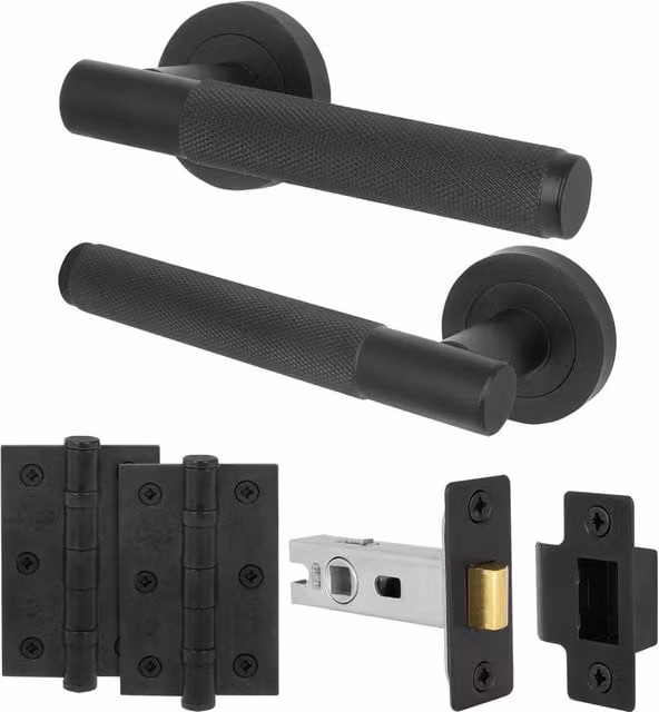 AFIT Matt Black Knurled Door Handles and Rose Latch Kit with Hinges, 1 Pair, W/D/H: 15 x 15 x 1.5 cm