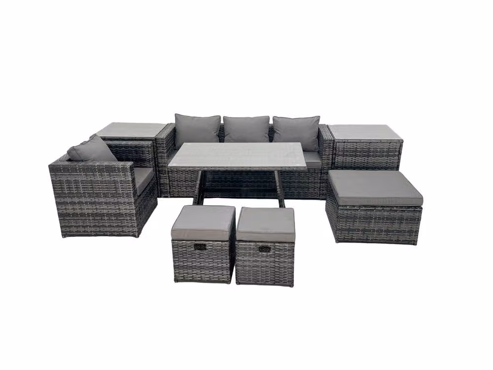 Fimous Rattan Dining Table and Sofa Set with 2 Side Tables and 3 Footstools in Dark Grey – 2