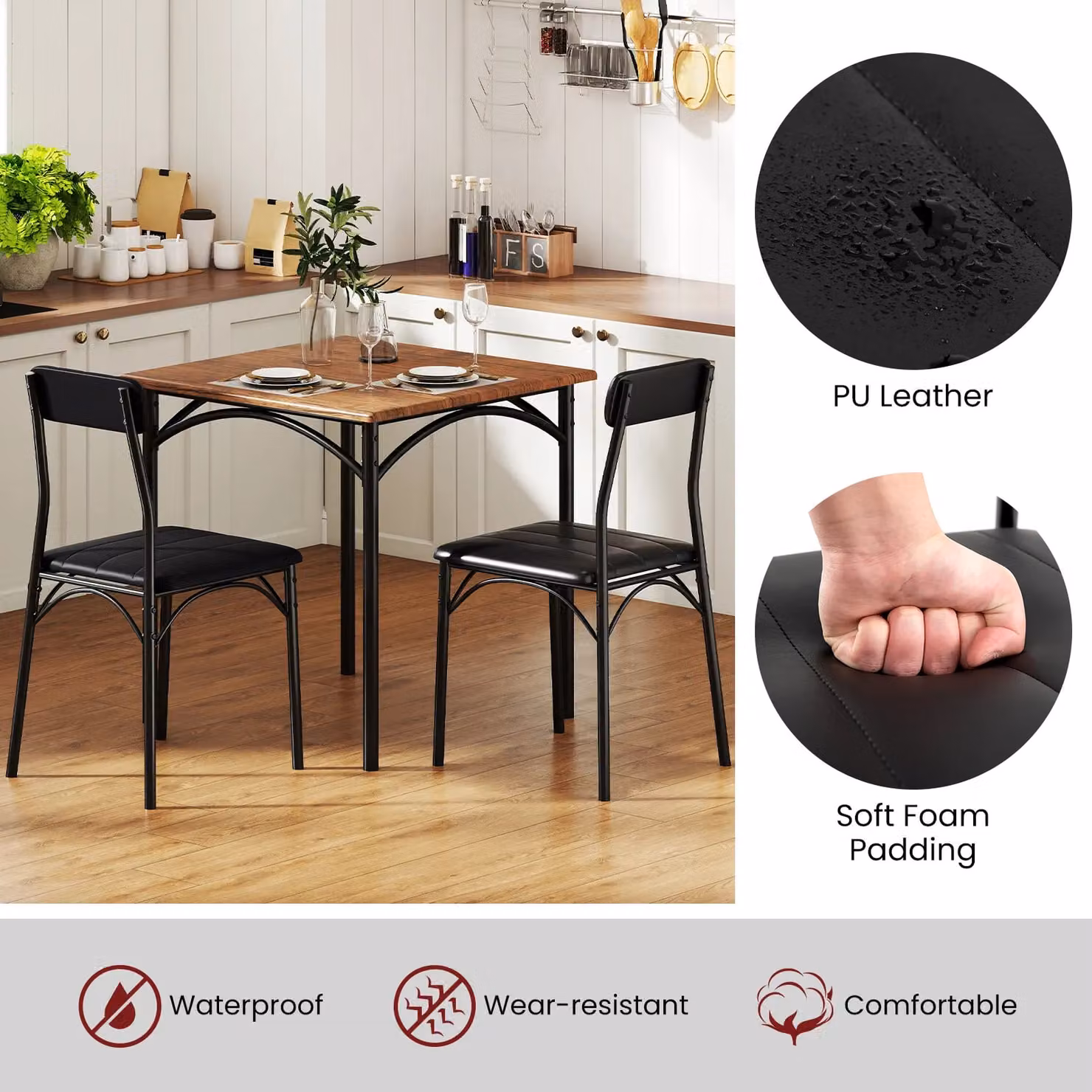 Gymax 3-Piece Dining Set Featuring a Square Table and 2 Upholstered Armless Chairs in Brown and Black – 7